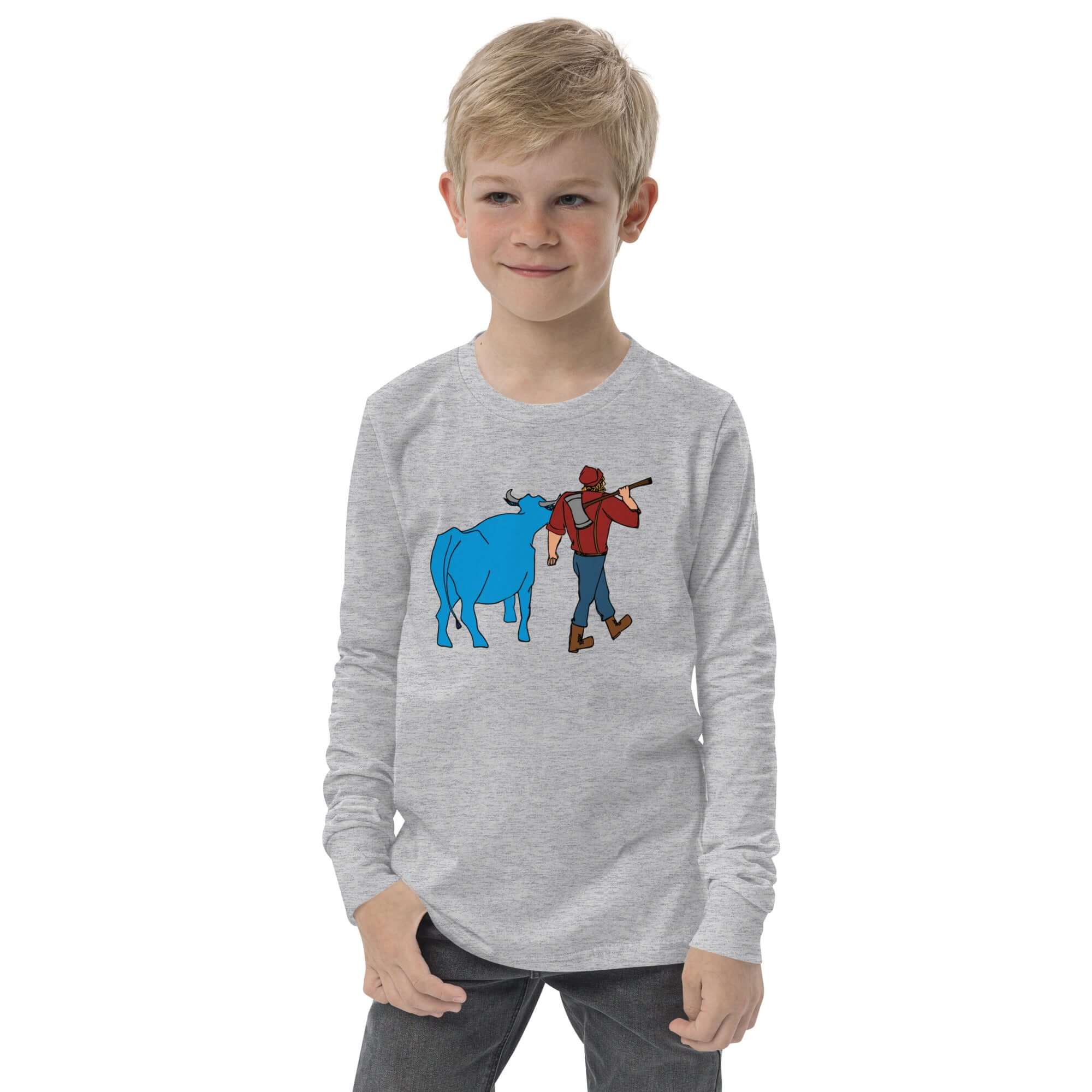 Paul Bunyan and Babe the Blue Ox Kids Long Sleeve Shirt ThatMNLife Athletic Heather / S Minnesota Custom T-Shirts and Gifts