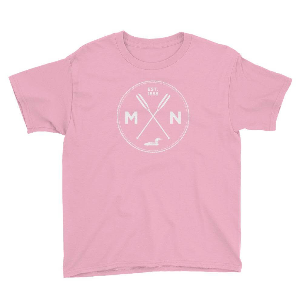 Minnesota Seal: 1858, Loon, Oars Kids T-Shirt ThatMNLife T-Shirt CharityPink / XS Minnesota Custom T-Shirts and Gifts