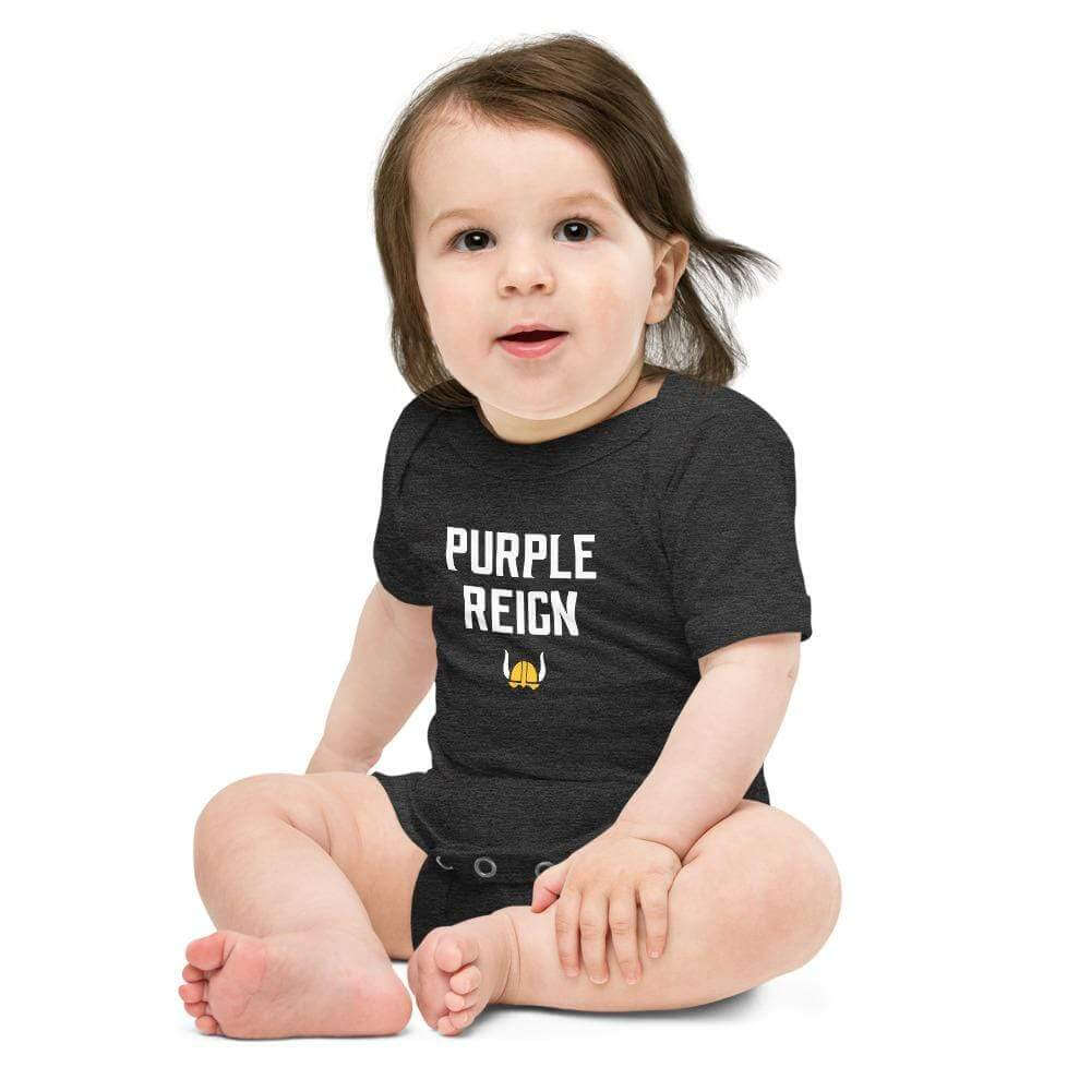 Purple Reign Minnesota Vikings Football Fan Skol Toddler Baby Short Sleeve Onesie ThatMNLife Dark Grey Heather / 3-6m Minnesota Custom T-Shirts and Gifts