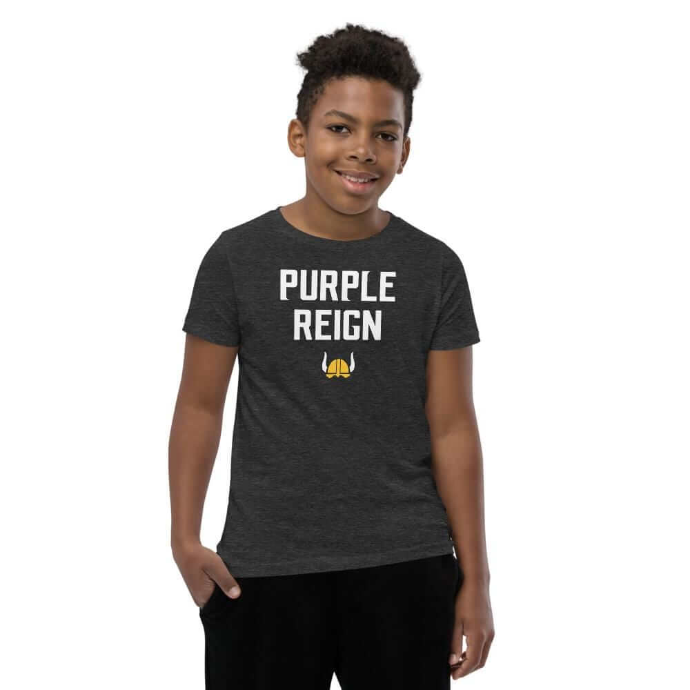 Purple Reign Minnesota Vikings Football Fan Skol Youth Short Sleeve T-Shirt ThatMNLife Dark Grey Heather / S Minnesota Custom T-Shirts and Gifts